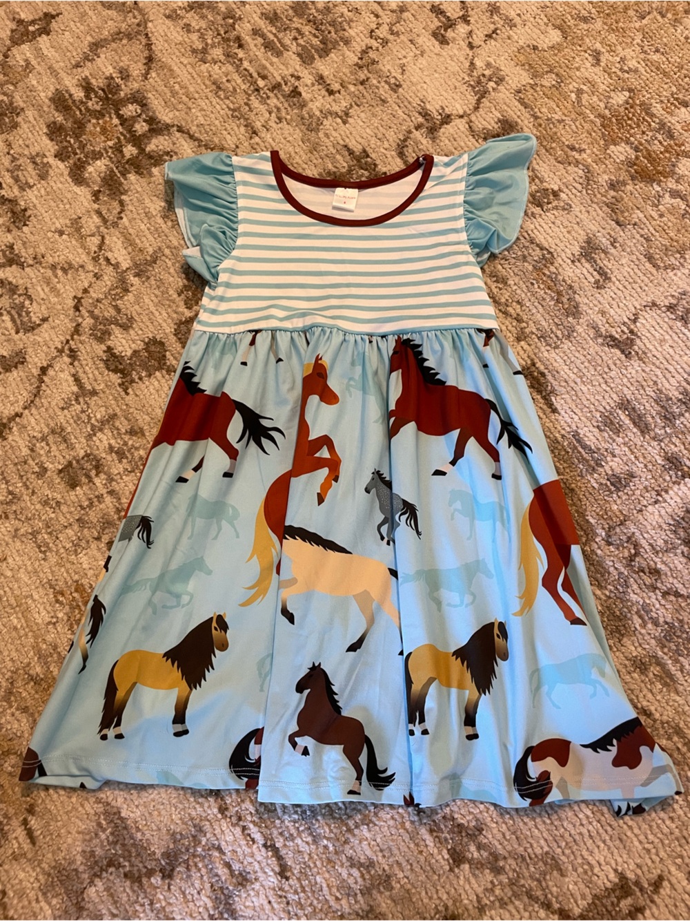 Light Blue Horse-Print Flutter Sleeve Girls Dress